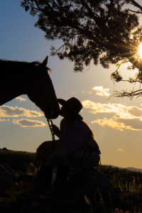 Silhouette of a person kissing the nose of a horse near CM Ranch in Dubois, WY | Wyoming dude ranch