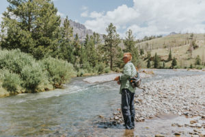 A fly fisherman on the bank of a river dear Dubois Wyoming