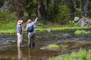A fly fishing guide instructs a guest near CM Ranch in Dubois, WY | Wyoming dude ranch