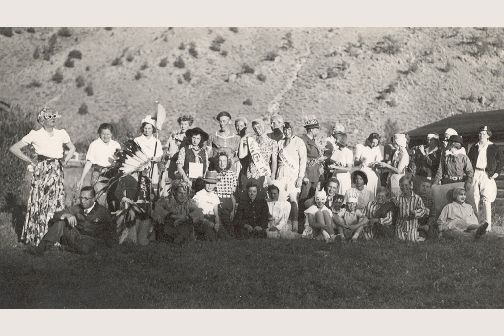 A large group of people in costume at historic CM Ranch in Dubois, WY | Wyoming guest ranches